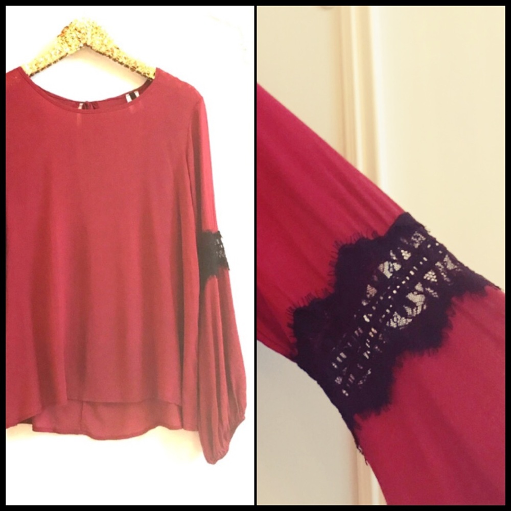 Swell Red Blouse w Black Lace Detail